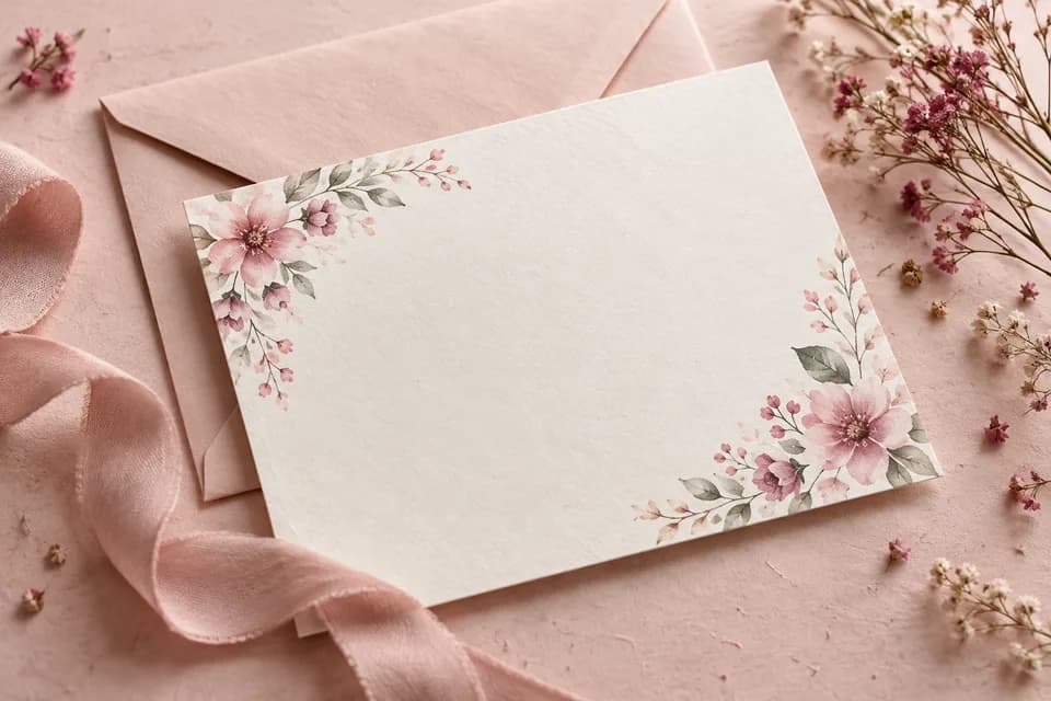 Composição ilustrativa de convite floral, envelope e papelaria em tons suaves de rosa.